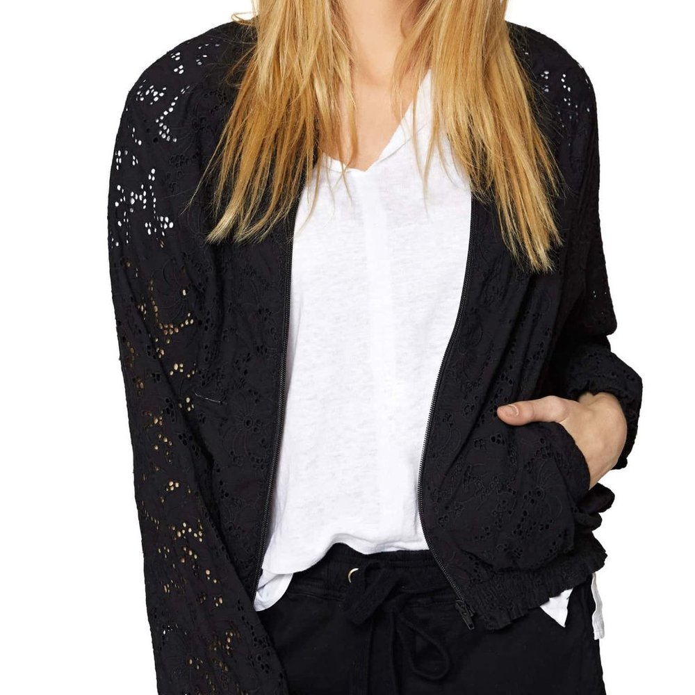 Sanctuary New IN BLOOM Eyelet Bomber Zip-Up Jacket XL Womens Topper Cotton BLACK - Picture 2 of 16